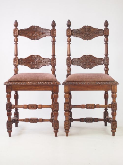 Pair Antique Walnut Chairs with Acorn Finials
