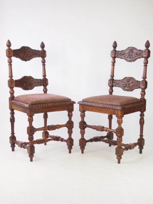fig 1. Pair Antique Walnut Chairs with Acorn Finials
