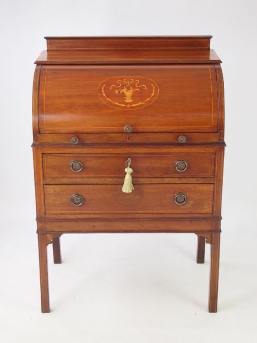 Edwardian Mahogany & Inlaid Cylinder Top Bureau