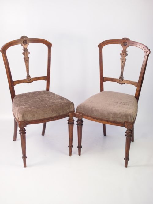 Pair Victorian Walnut Balloon Back Chairs