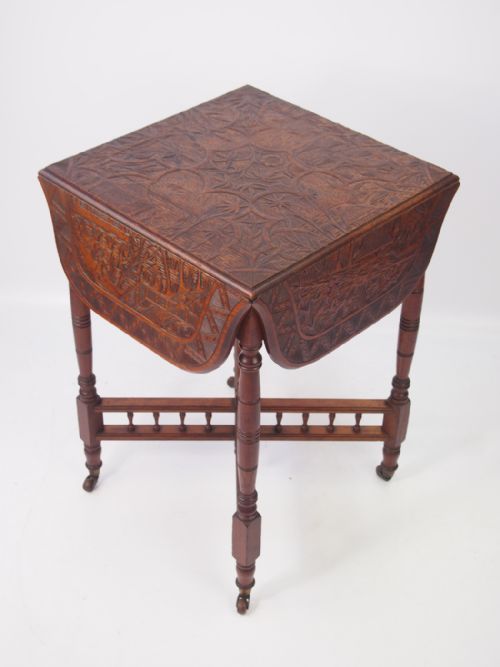 Small Antique Carved Walnut Drop Leaf Table