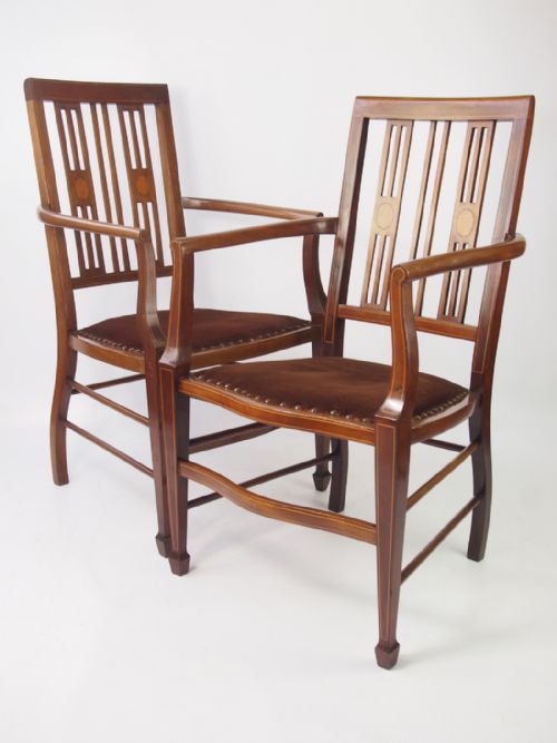 Pair of Edwardian Inlaid Mahogany Open Armchairs