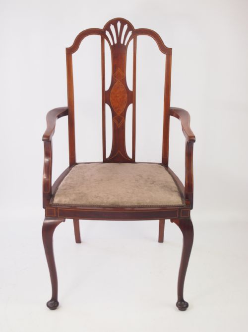 Edwardian Mahogany & Inlaid Open Armchair