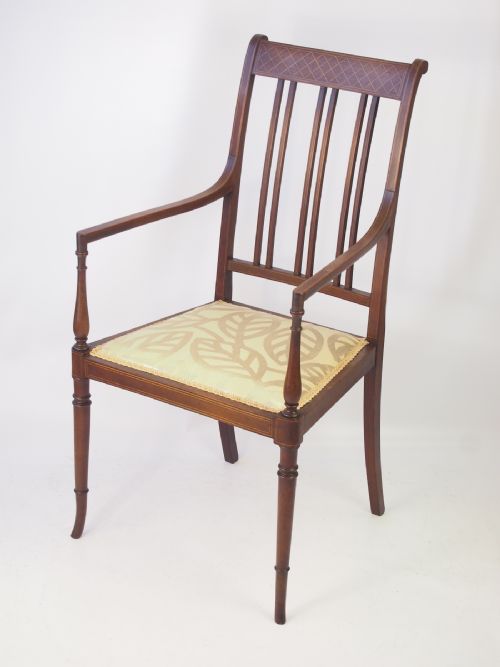 Edwardian Mahogany & Inlaid Open Armchair