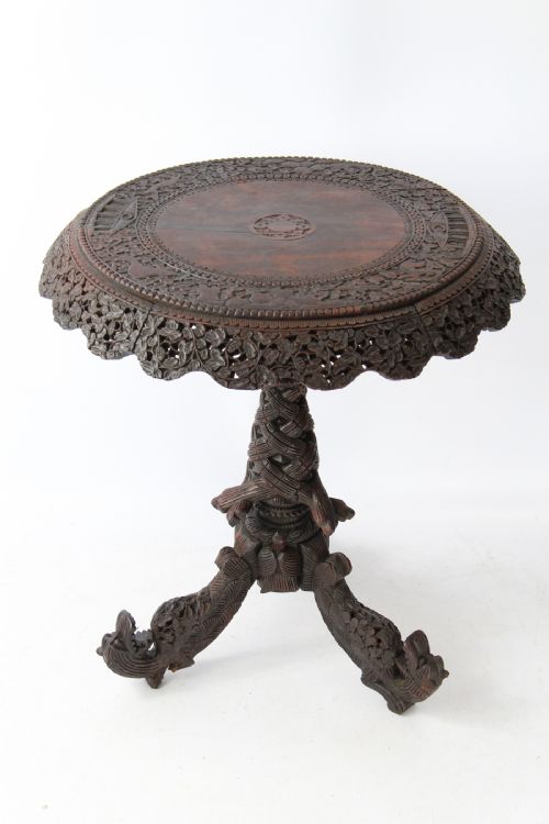 Antique Burmese Carved Rosewood Tilt-top Side Table