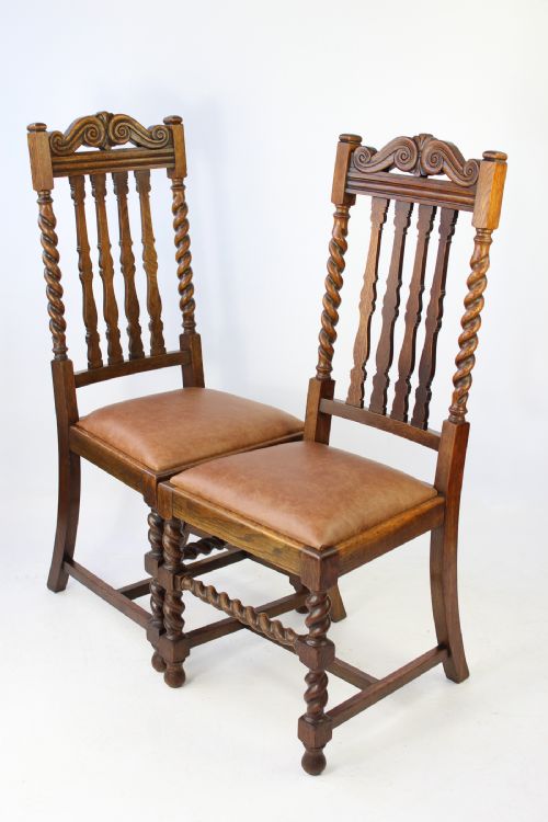 Pair Edwardian Oak Barley Twist Chairs