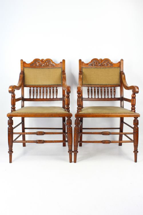 Pair Edwardian Arts & Crafts Walnut Chairs Open Armchairs