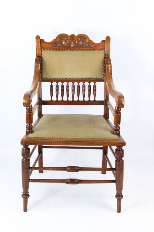 fig 1. Pair Edwardian Arts & Crafts Walnut Chairs Open Armchairs