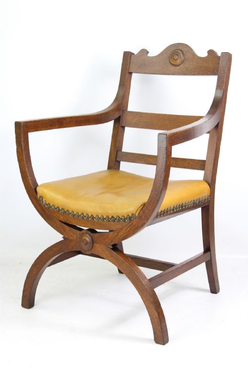 Edwardian Arts & Crafts X-frame Oak Armchair