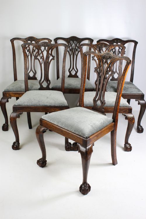 fig 1. Set 6 Antique Edwardian Oak Chippendale Chairs