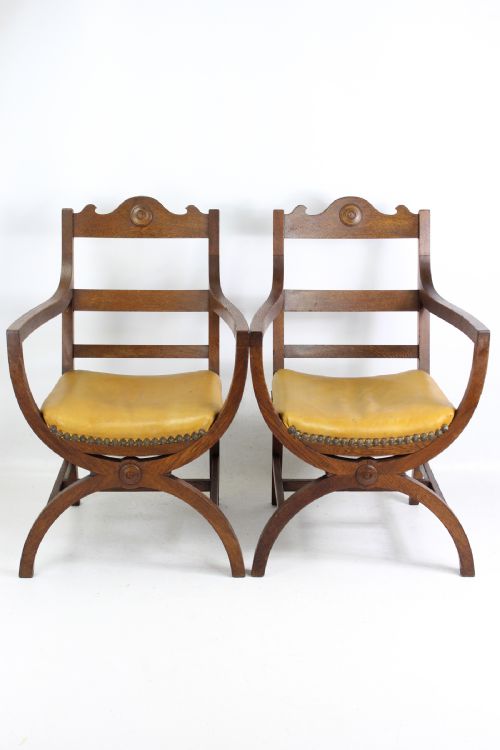 Pair Edwardian Arts & Crafts X-frame Oak Armchairs
