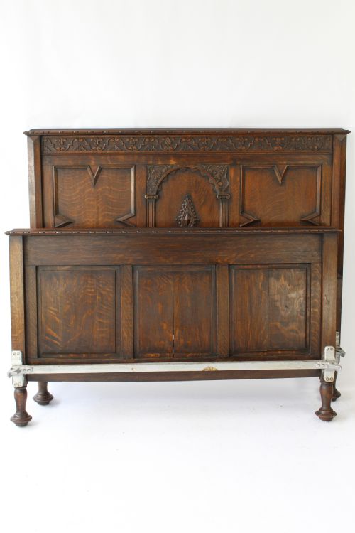 fig 1. Antique Edwardian Oak Jacobean Revival Double Bed