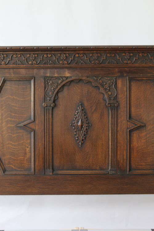 fig 2. Antique Edwardian Oak Jacobean Revival Double Bed
