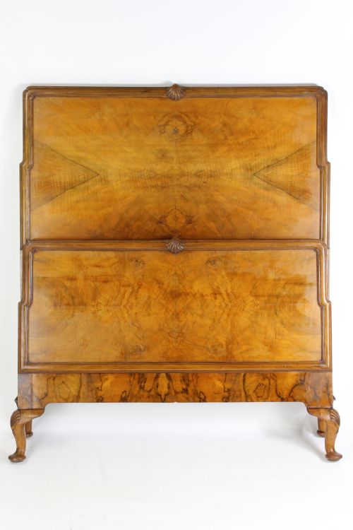 Art Deco Large Single 3ft6 Shell Carved Walnut Bed