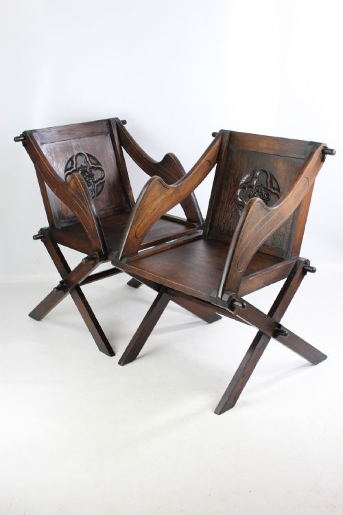Pair Edwardian Arts & Crafts Oak Glastonbury Chairs