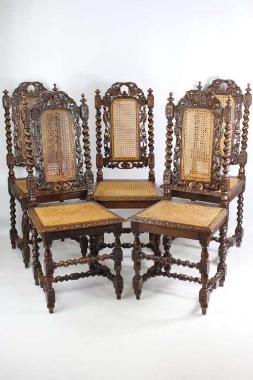 Set of 5 Victorian Gothic Oak Dining Chairs