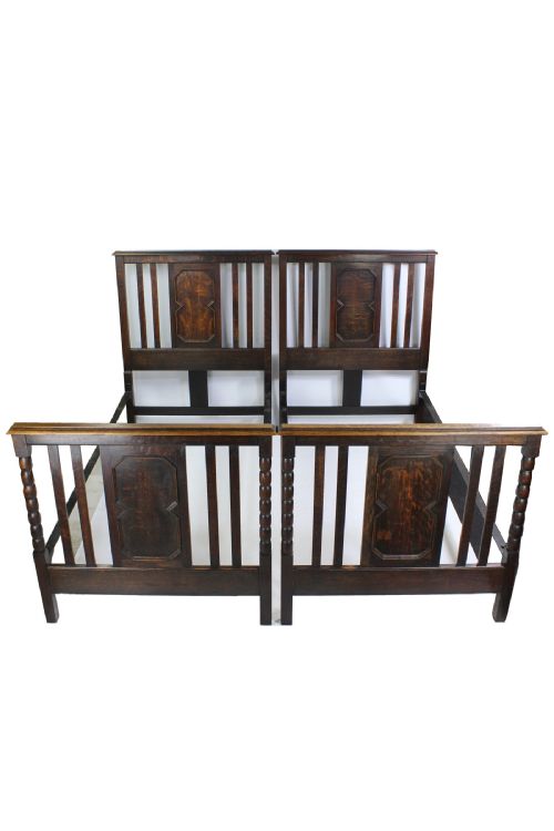 Pair of Antique Edwardian Oak Single Twin Beds