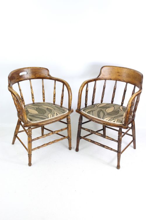 Pair Edwardian Oak Desk Chairs Tub Armchairs