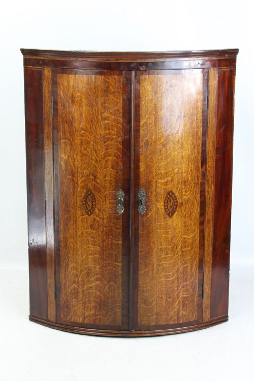 Georgian Oak & Inlaid Bow Front Corner Cupboard