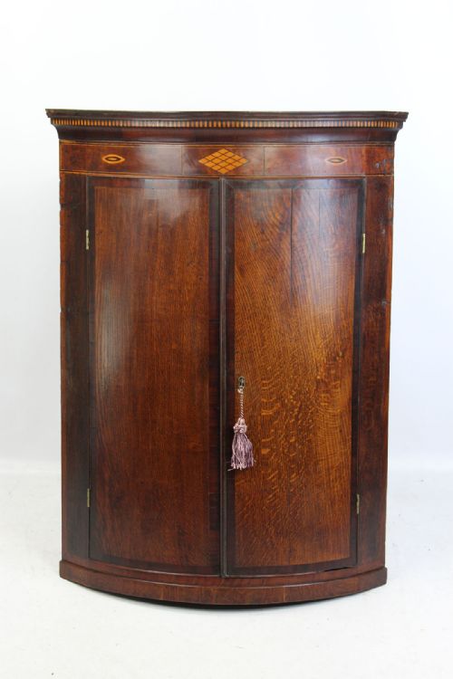 Georgian Oak & Inlaid Bow Front Corner Cupboard