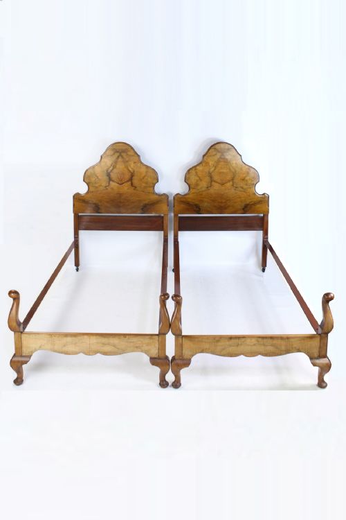 Pair Queen Anne Revival Walnut Single Beds