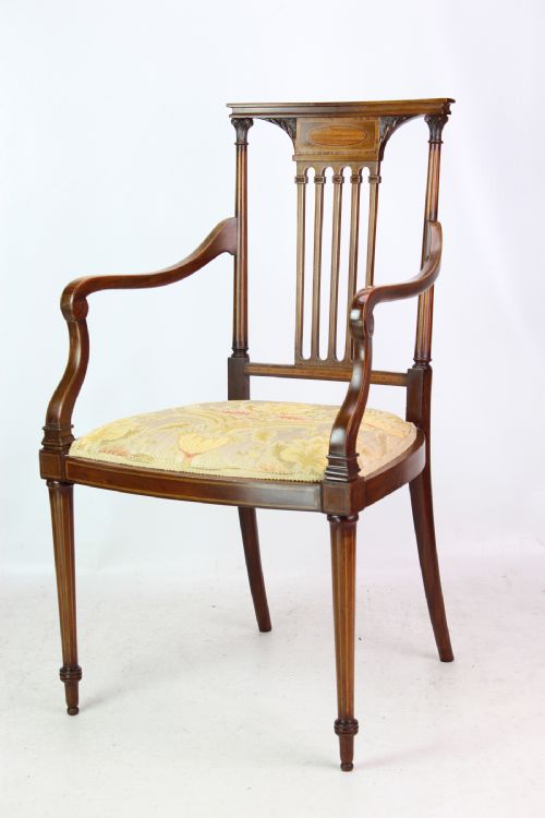 Edwardian Mahogany & Inlaid Open Armchair by Thos Turner