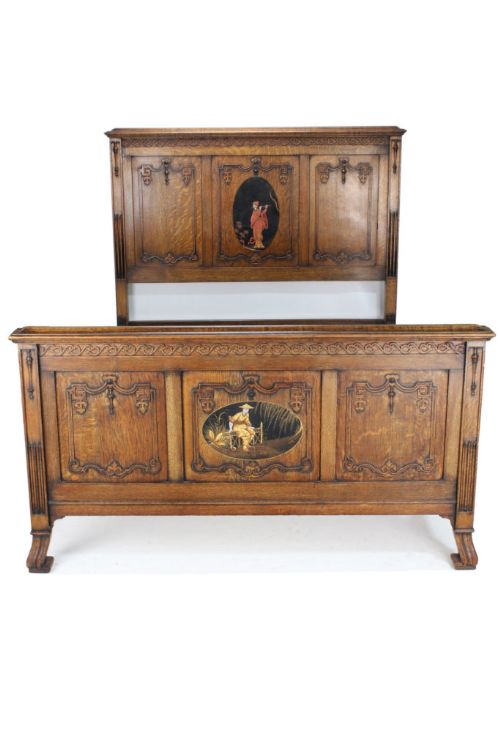 Antique Edwardian Oak Chinoiserie Double Bed