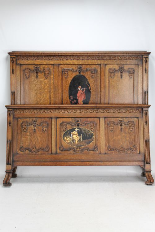 fig 1. Antique Edwardian Oak Chinoiserie Double Bed