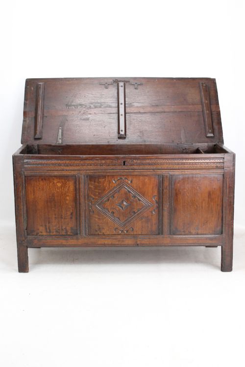 fig 1. Small 17th Century Carved Oak Coffer Blanket Chest