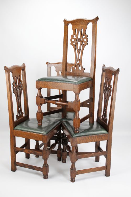 Set 4 Edwardian Arts & Crafts Oak Dining Chairs