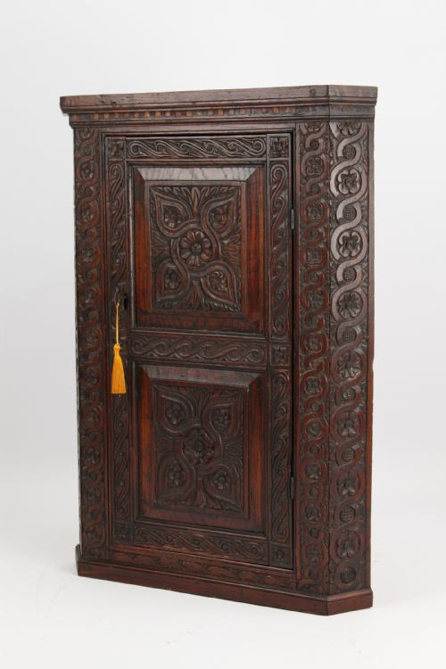 Small Victorian Gothic Carved Elm Corner Cupboard