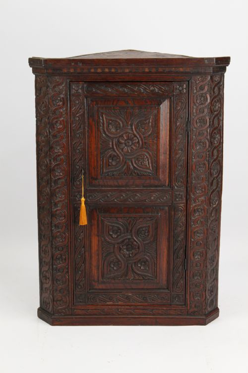 fig 1. Small Victorian Gothic Carved Elm Corner Cupboard