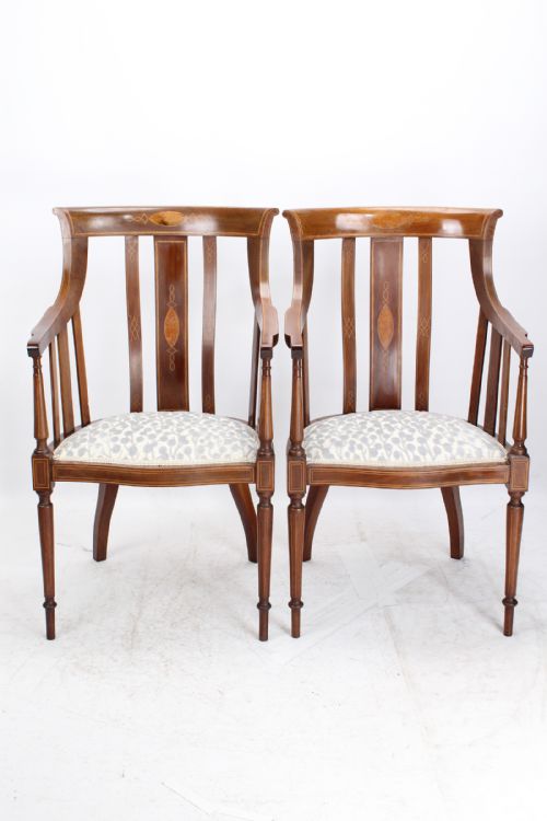 Pair Edwardian Inlaid Mahogany Tub Chairs Armchairs
