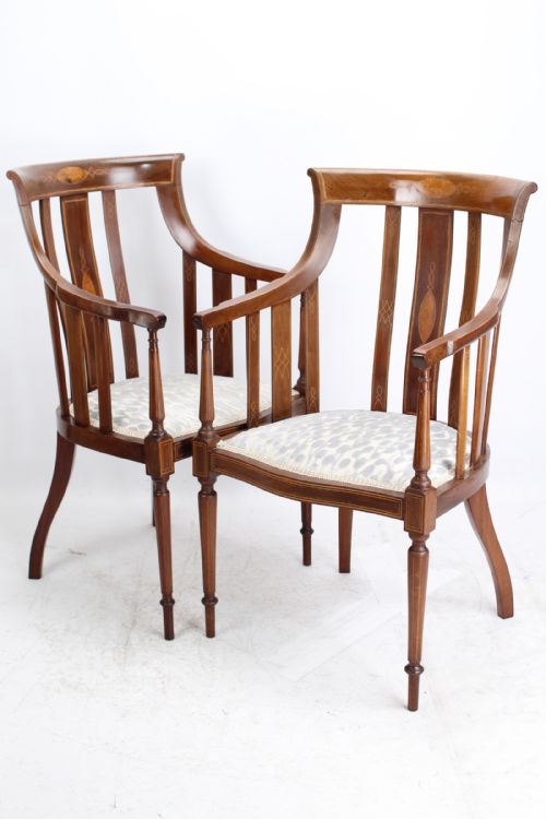 fig 1. Pair Edwardian Inlaid Mahogany Tub Chairs Armchairs