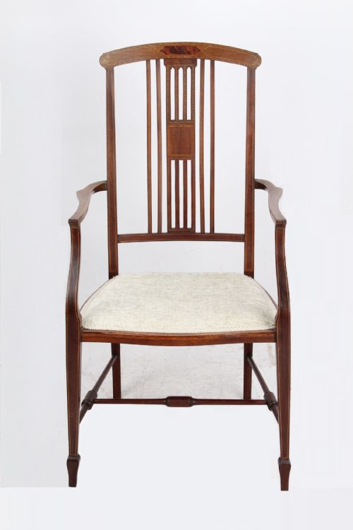 Edwardian Mahogany & Inlaid Open Armchair