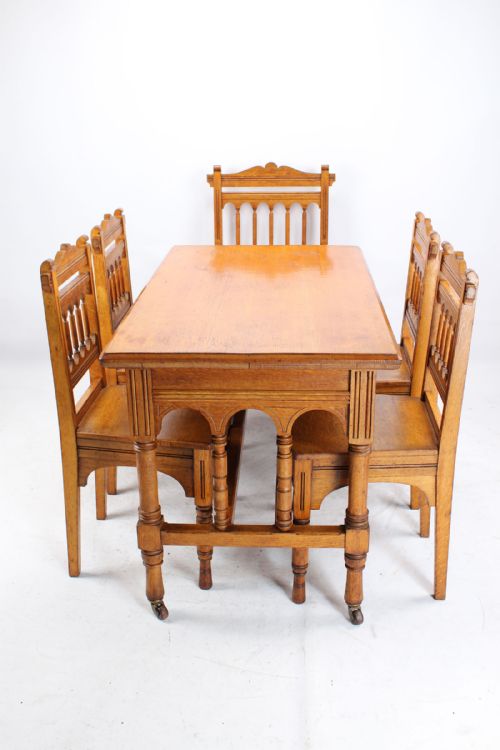 Victorian Gothic Revival Oak Dining Table & Set 5 Chairs