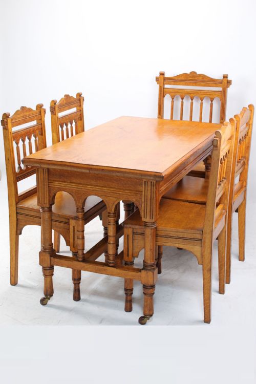 fig 1. Victorian Gothic Revival Oak Dining Table & Set 5 Chairs