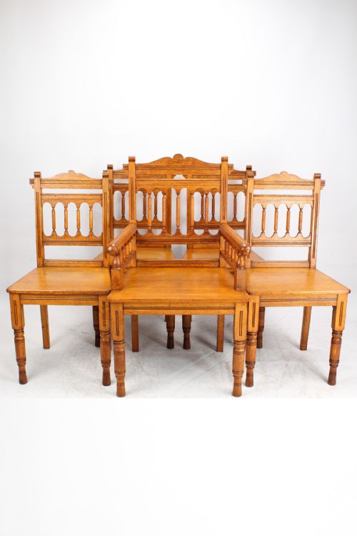 Set 5 Victorian Gothic Revival Oak Dining Chairs