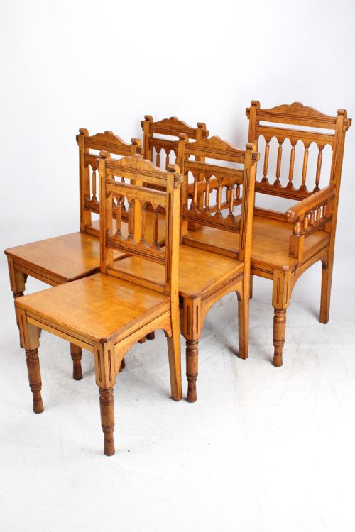 fig 1. Set 5 Victorian Gothic Revival Oak Dining Chairs