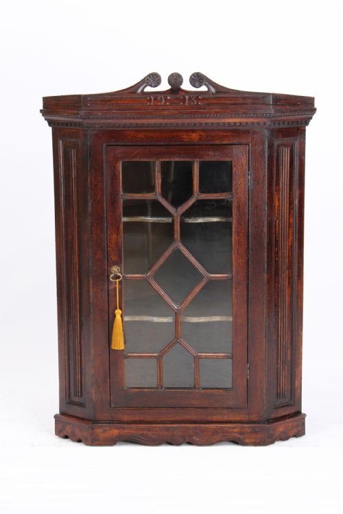 Small Antique Oak Hanging Corner Cabinet Dated 1913