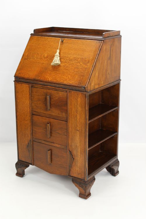 Art Deco Oak Bureau Desk with Bookcase Sides