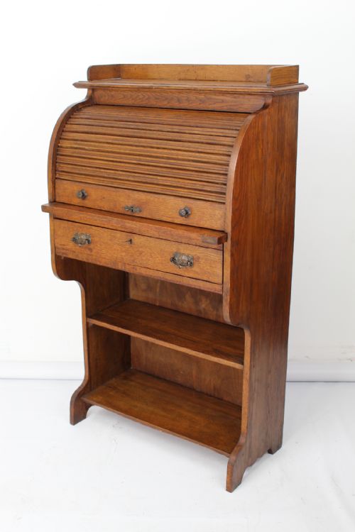 Slim Edwardian Oak Roll Top Bureau Desk