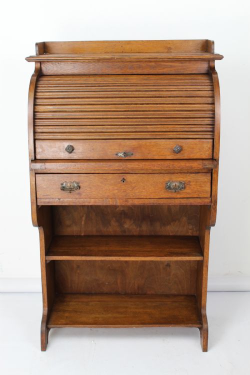 fig 1. Slim Edwardian Oak Roll Top Bureau Desk