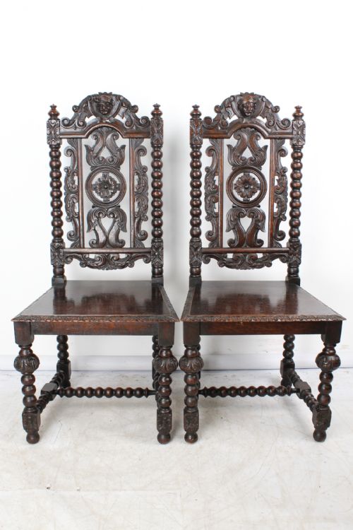 Pair Antique Victorian Gothic Oak Chairs