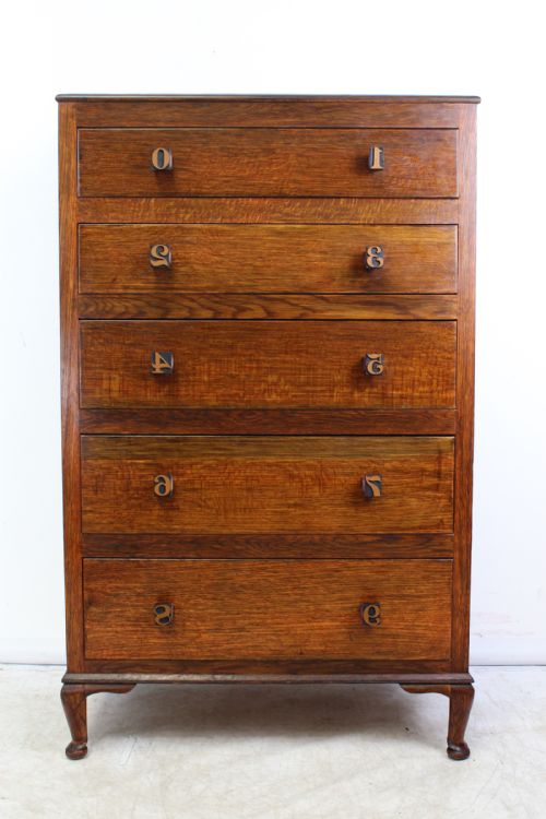 Tall Oak Chest of Drawers with Printers Block Handles