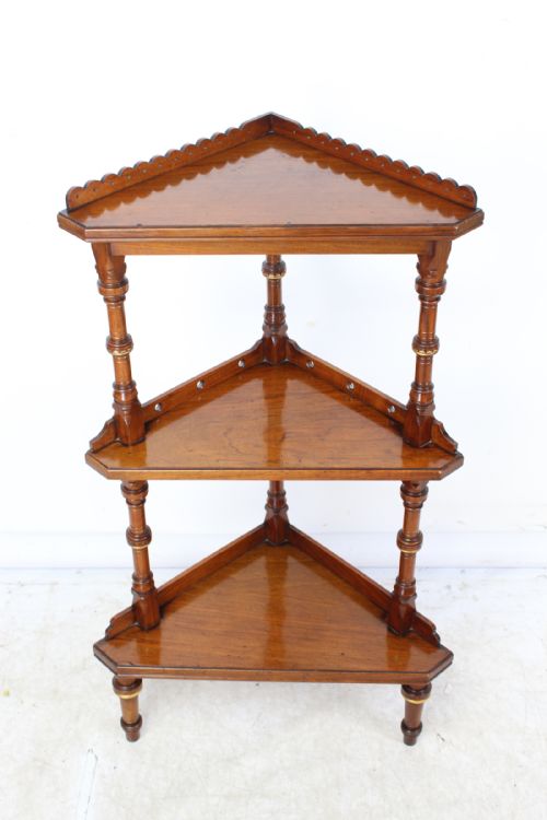 Victorian Gothic Revival Walnut & Gilt Corner Whatnot