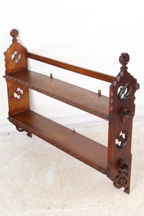 Large Victorian Oak Gothic Revival Hanging Wall Shelves