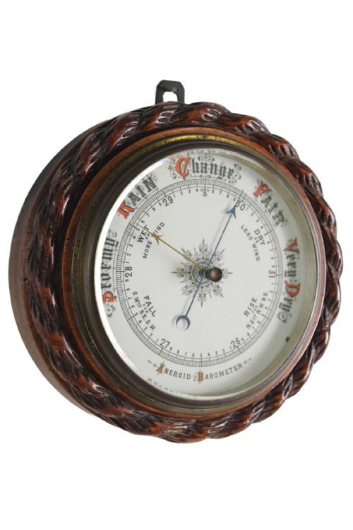 Victorian Oak Circular Ships Aneroid Barometer