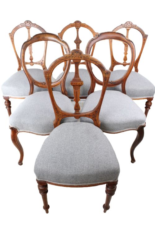 harlequin set 6 walnut victorian balloon back chairs - CATEGORY: ANTIQUE CHAIRS - DATED 1870