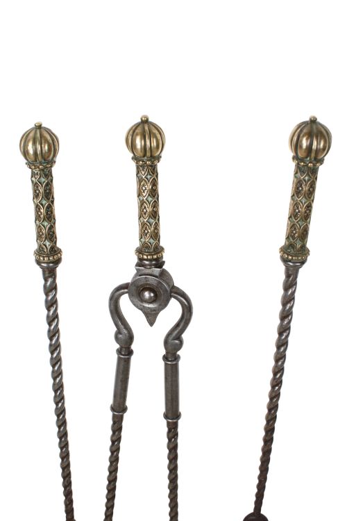 VICTORIAN BRASS STEEL FIRE TOOLS FIRE DOGS BY JAMES CARTLAND SONS - ADDITIONAL PHOTO 2
